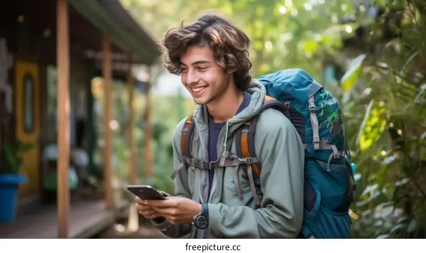 Young man smiling while looking at his phone in a jungle