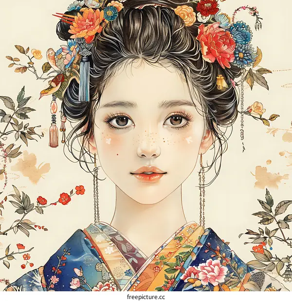 A digital painting of a young woman with brown hair and brown eyes. She is wearing a blue kimono with a floral pattern and has flowers in her hair.