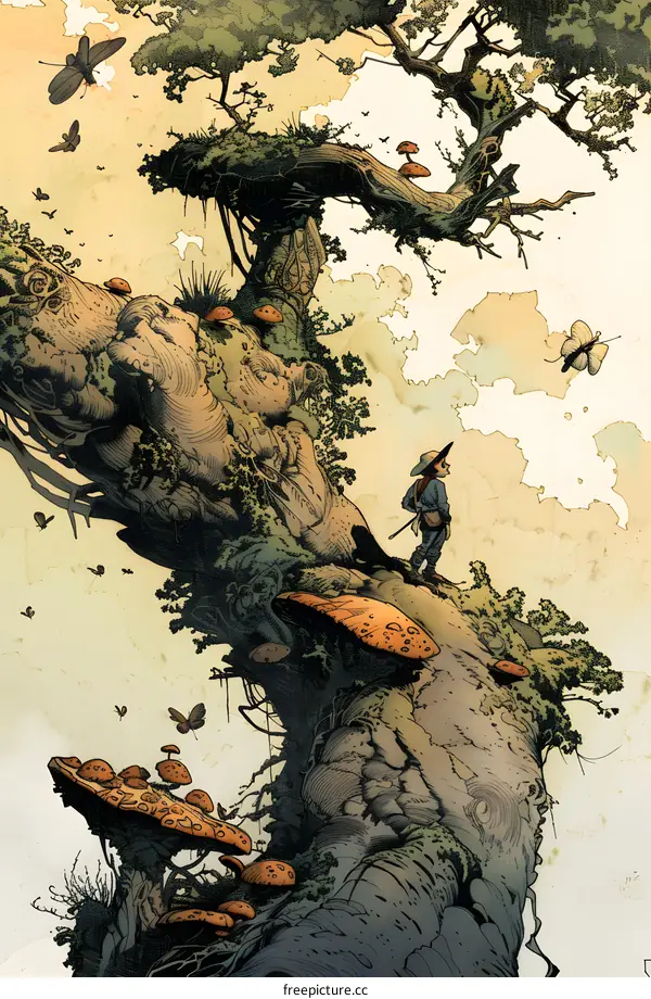 Fantasy Illustration of a Boy Standing on a Giant Tree with Mushrooms