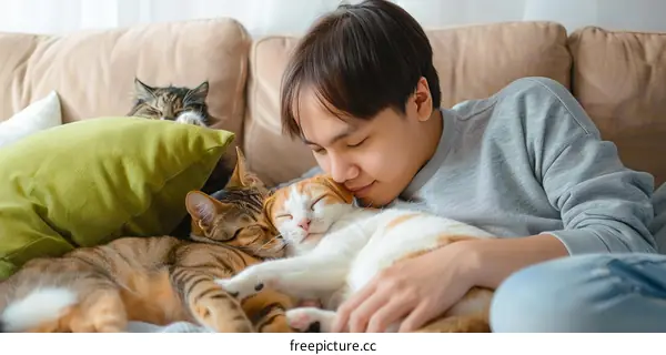 A young man is lying on a couch with two cats.