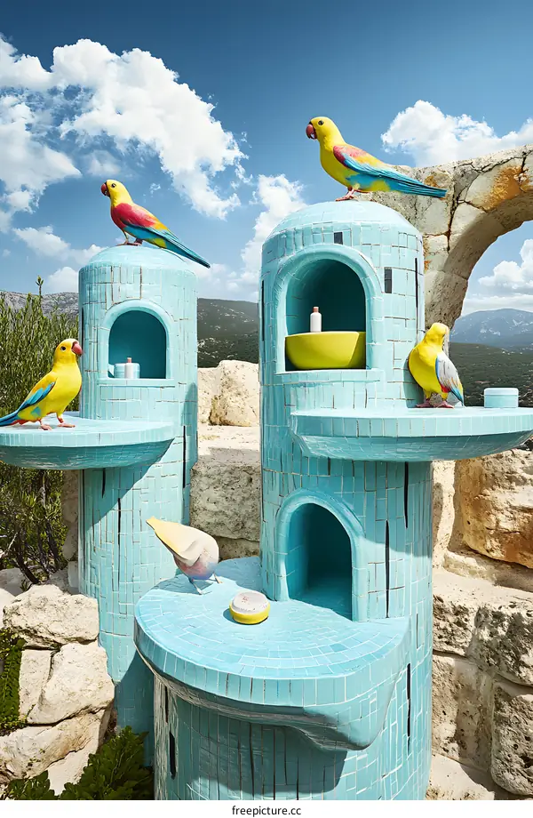 Blue Mosaic Towers With Colorful Parrots