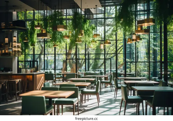Modern restaurant interior with large windows and green plants