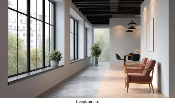 Modern Office Corridor with Large Windows and Seating Area