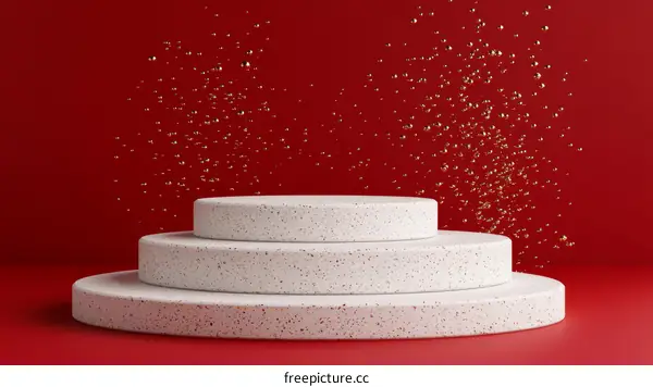 White Terrazzo Stages with Gold Particles on Red Background