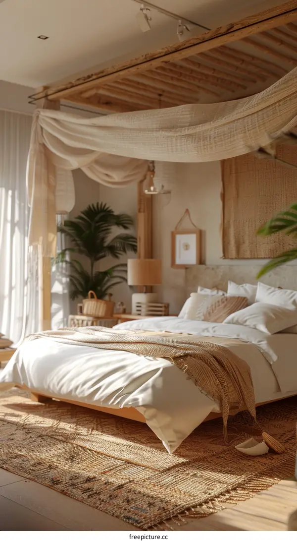 Bohemian Bedroom with Wooden Canopy Bed