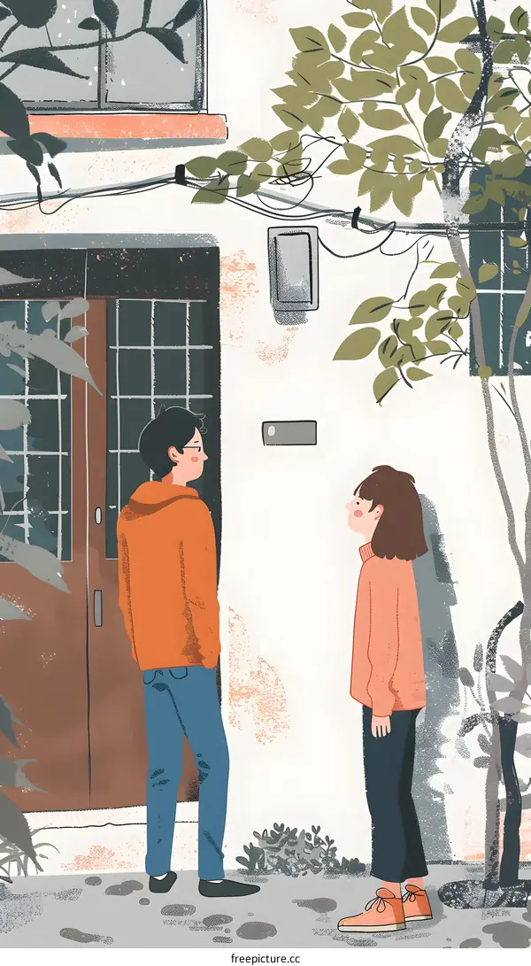 Couple Standing Outside a House Illustration