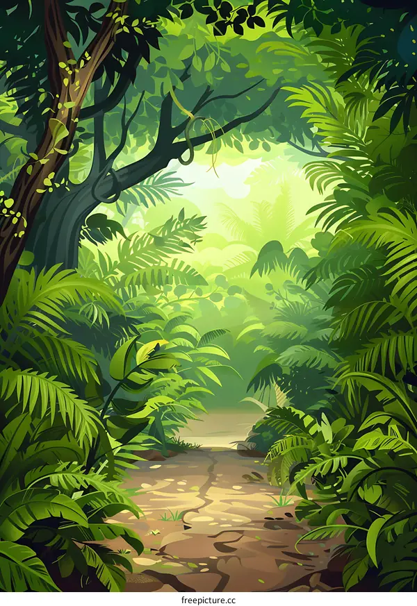 Green Jungle Pathway with Lush Foliage and Sunlight