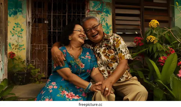 Smiling Senior Couple Embracing In Front Of Old Building With Flowers