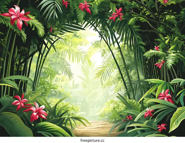 Tropical Rainforest Path with Lush Greenery and Pink Flowers