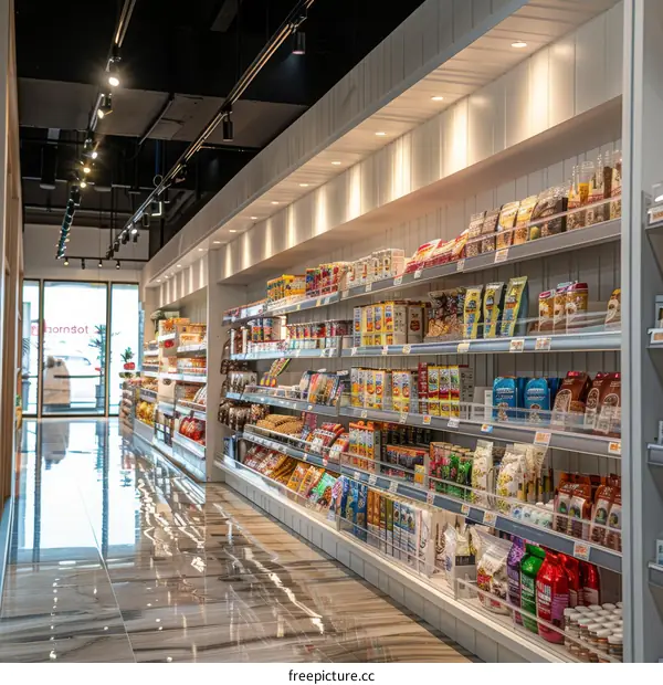 Well-stocked grocery store with a variety of food items on shelves