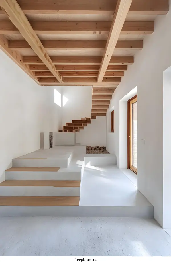 Modern White House Interior Design with Wooden Beams and Stairs