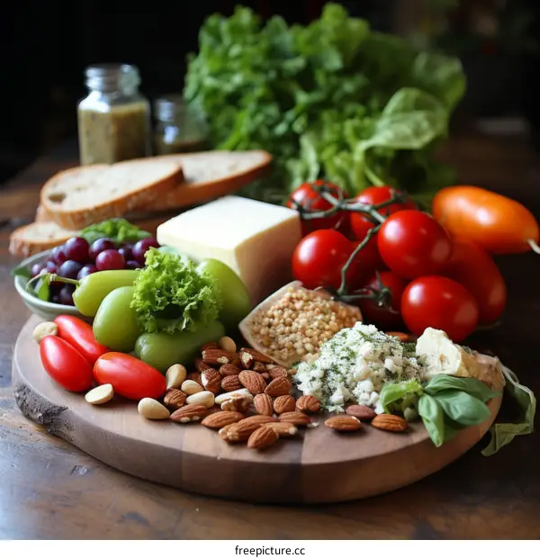 A wooden board full of fresh and healthy food