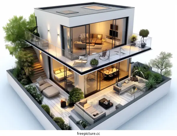 Modern house with terrace and floor-to-ceiling windows