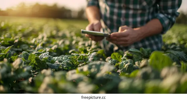 An agronomist is using a digital tablet to monitor the growth of a soybean crop