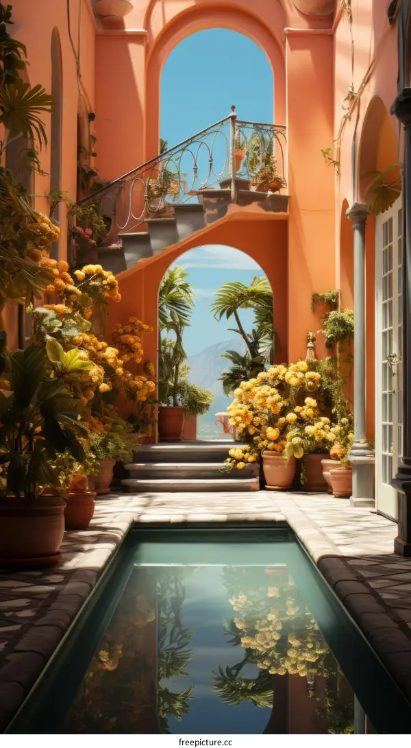 Courtyard with flowers and a pool