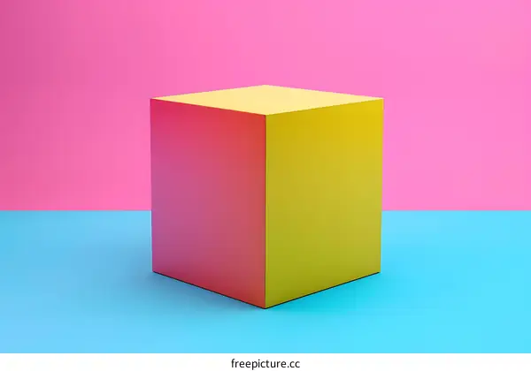 3d rendering of a yellow cube on a blue and pink background