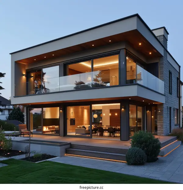 Modern two-story house with large glass windows and a terrace