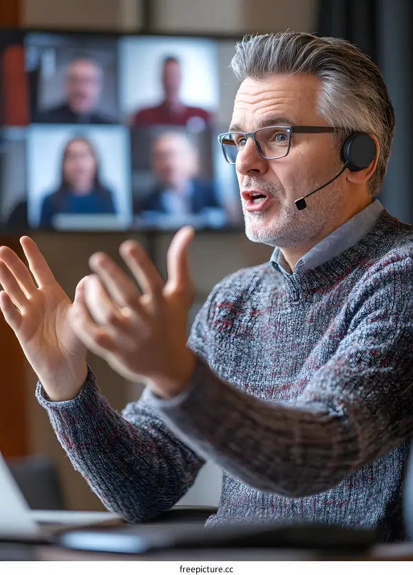Man in Grey Sweater Talking in Video Conference