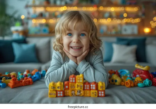 Portrait of a happy little boy playing with his toys