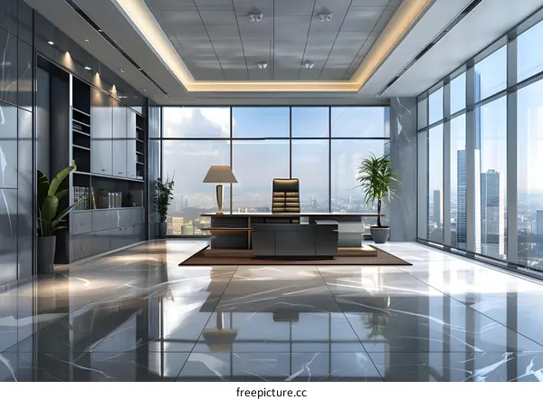 Modern office interior with large windows and a city view