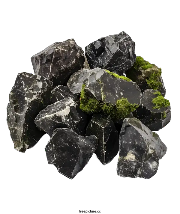 [Transparent Background PNG]Black Rocks With Green Moss Isolated On White Background