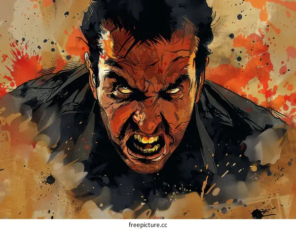 Angry Man Portrait With Red And Brown Splashes