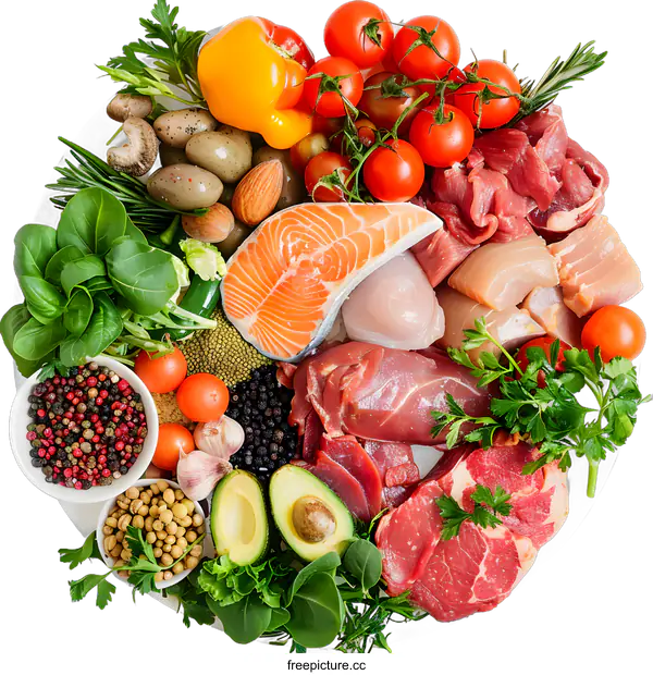 [Transparent Background PNG]Healthy Food Plate With Fresh Vegetables, Meats, Fish, and Nuts
