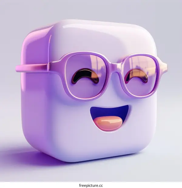 3D illustration of a purple cube with a smiling face wearing pink glasses