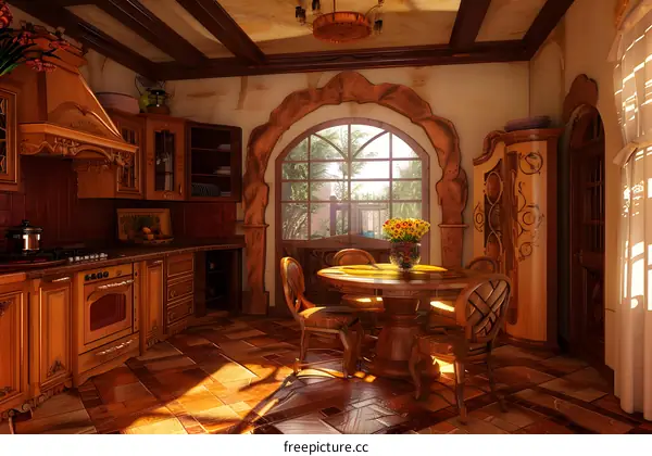 Wooden Kitchen Interior Design with Arch Window