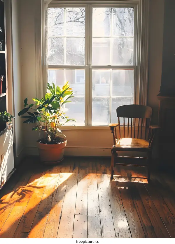 Sunlight Streaming Through Window in Empty Room with Wooden Floor and Chair