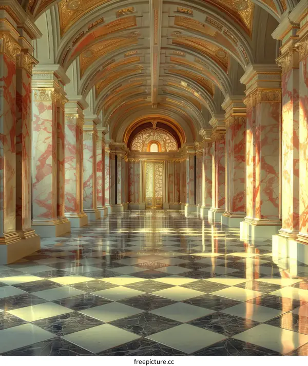 Ornate Hallway with Marble Columns and Checkered Floor