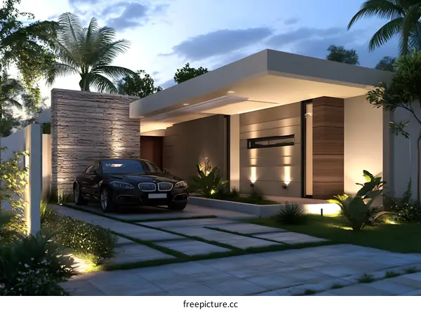 Modern House Exterior Design with Stone Wall and Palm Trees
