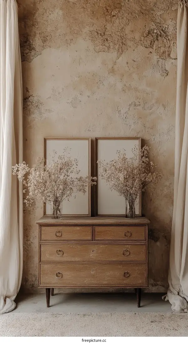 Beige Vintage Wooden Chest of Drawers in a Rustic Room