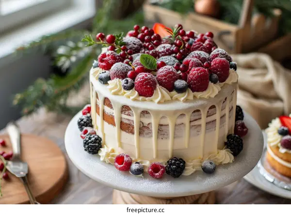 A beautiful cake decorated with fresh berries and cream.