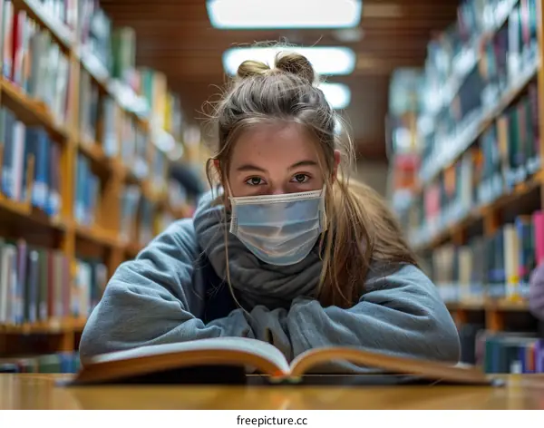 A young woman wearing a mask is reading a book in the library