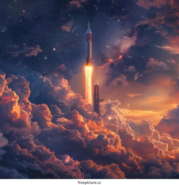 A rocket ship launching into space