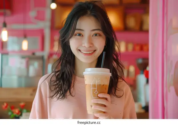 A young woman with long black hair is holding a cup of coffee and smiling at the camera.