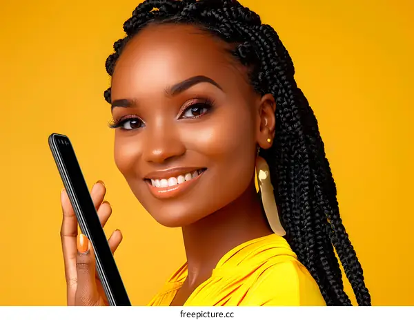 Smiling Woman Holding Smartphone with Yellow Background