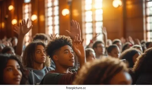 attentive college students raising hands in class