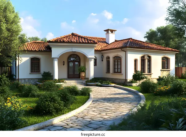 White Mediterranean Style Home with Stone Pathway and Lush Greenery