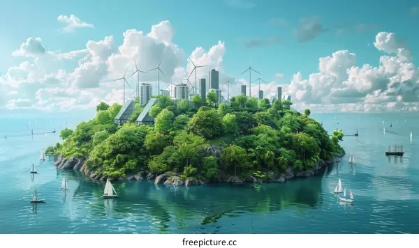 Green city on the water with wind turbines and lush vegetation