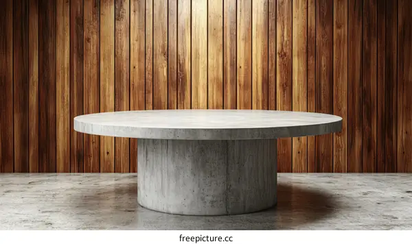 Modern Concrete Round Table Against Wood Paneling