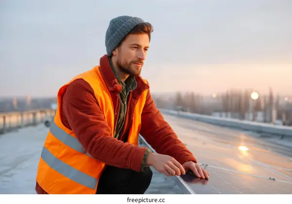 Worker Inspecting Solar Panels on a Rooftop in Winter