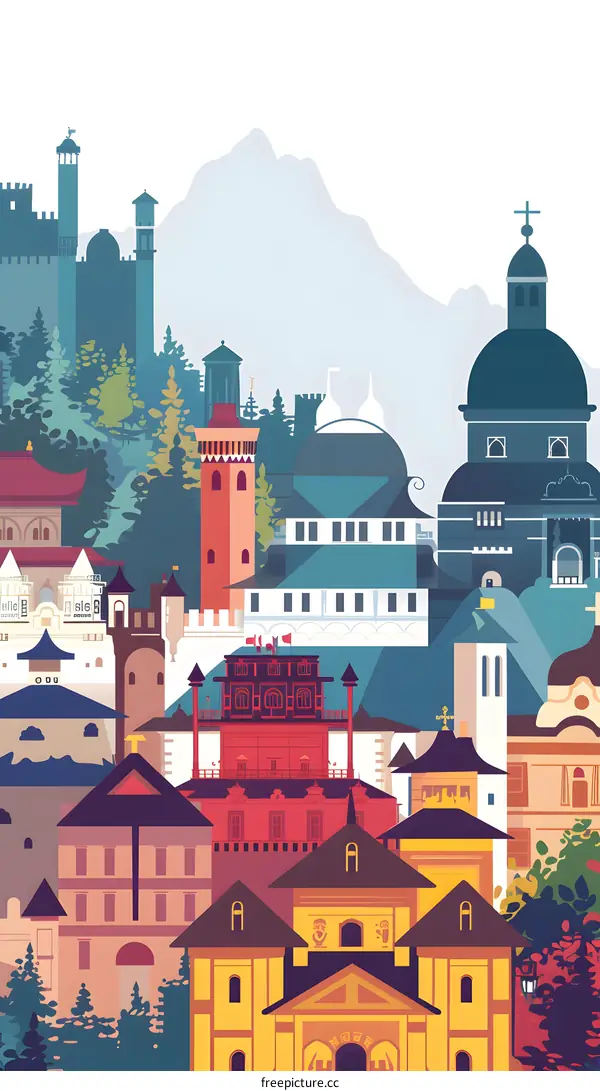 European Cityscape Illustration With Buildings And Mountain