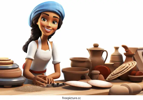 A young woman in a blue headscarf is kneading dough on a wooden table.