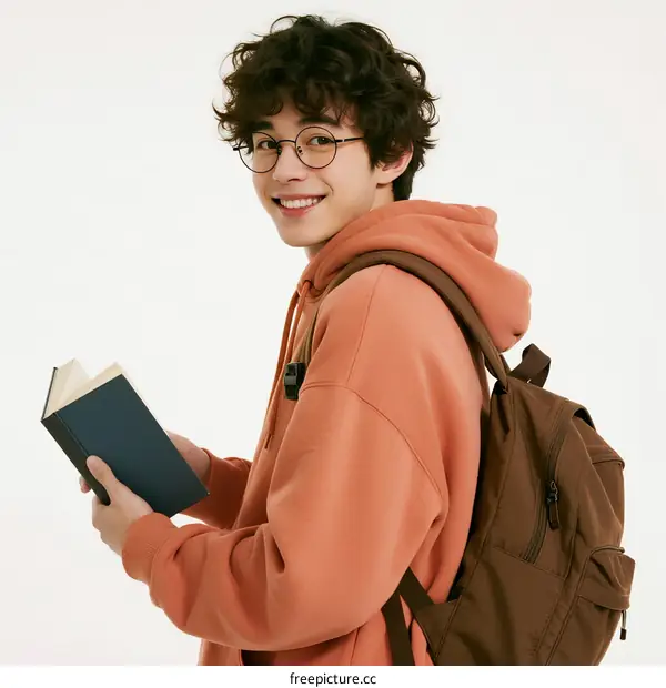 Young man with curly hair holding a book and wearing a backpack
