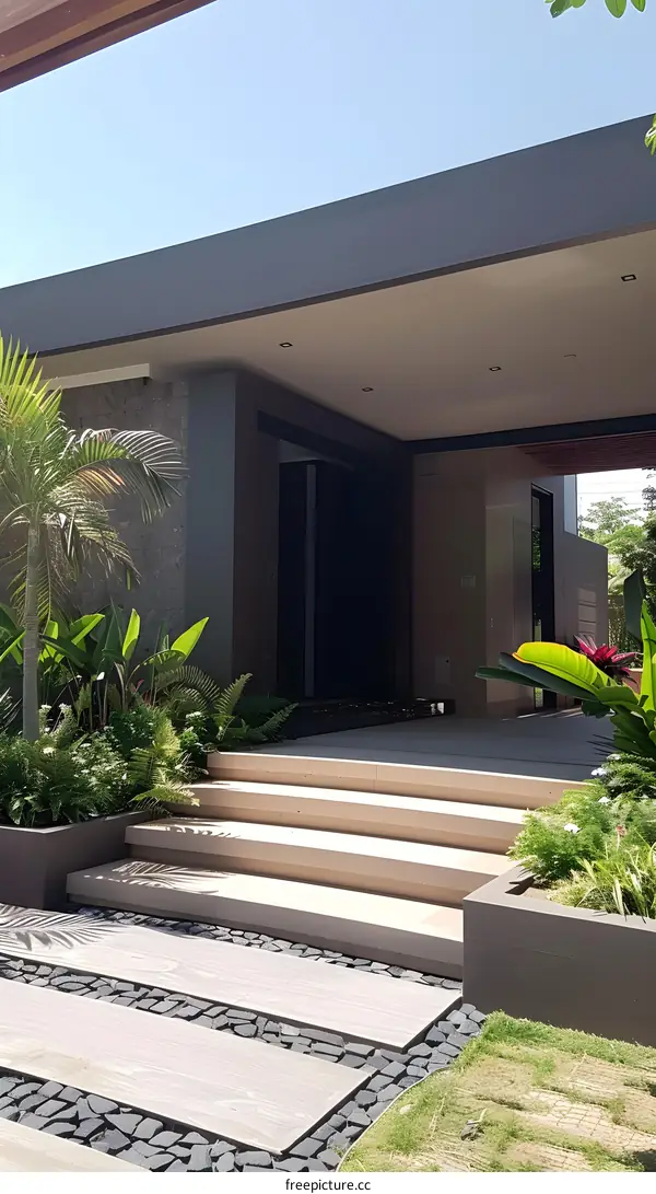 Modern Home Entrance with Stone Steps and Palm Trees