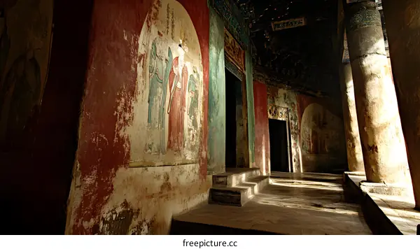 Ancient Buddhist Temple Interior With Frescoes