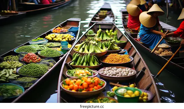 Floating market in Thailand with boats full of fresh fruits and vegetables