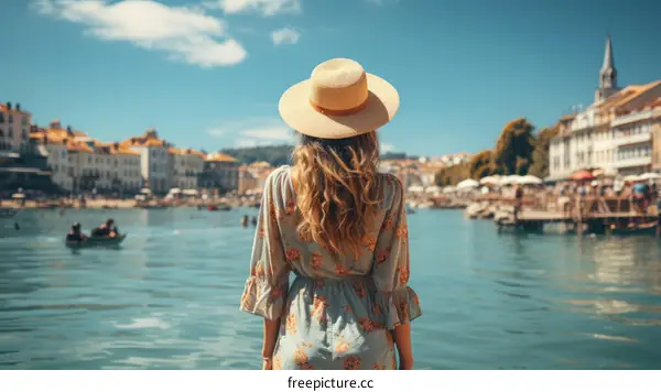 Lady in straw hat looking at the sea
